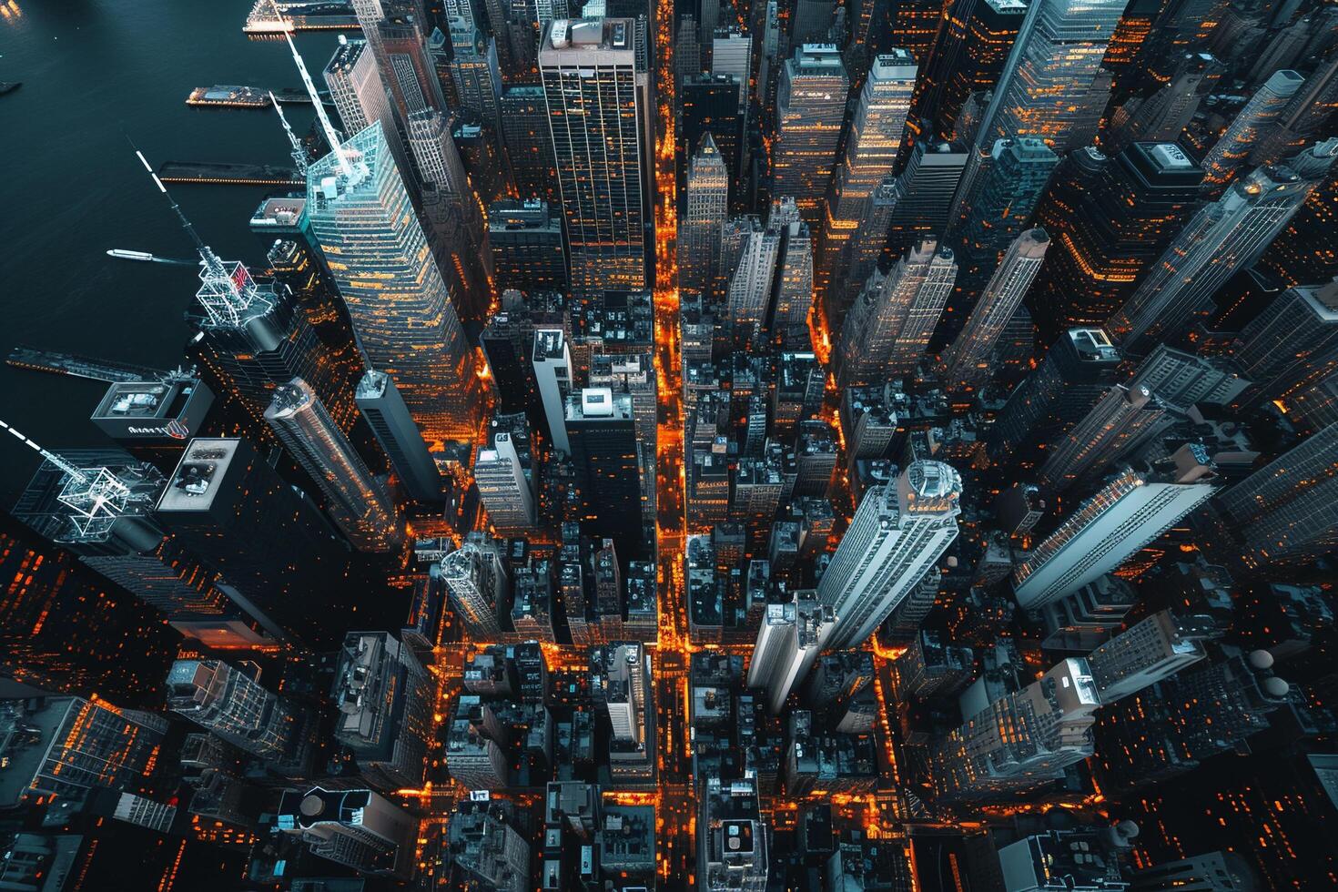 AI generated New York City Manhattan downtown skyscrapers at sunset. photo
