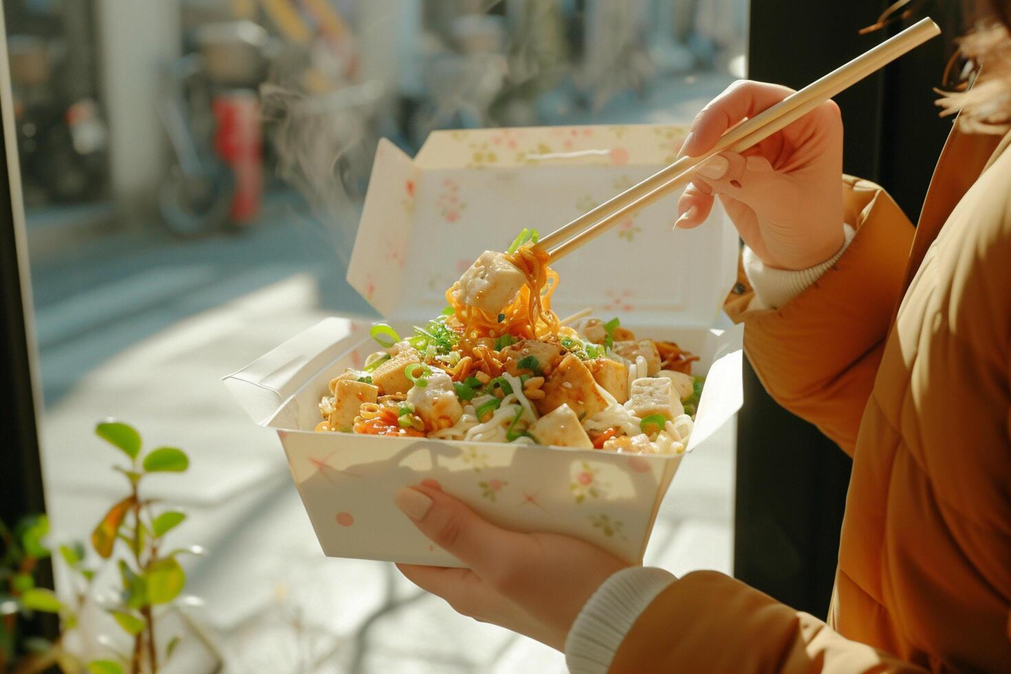 AI generated Takeout Box of Stir-Fried Noodles and Tofu. photo