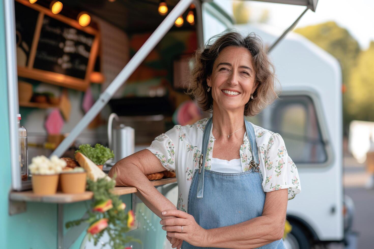 ai generado retrato de sonriente medio Envejecido mujer en pie en frente de comida camión. foto