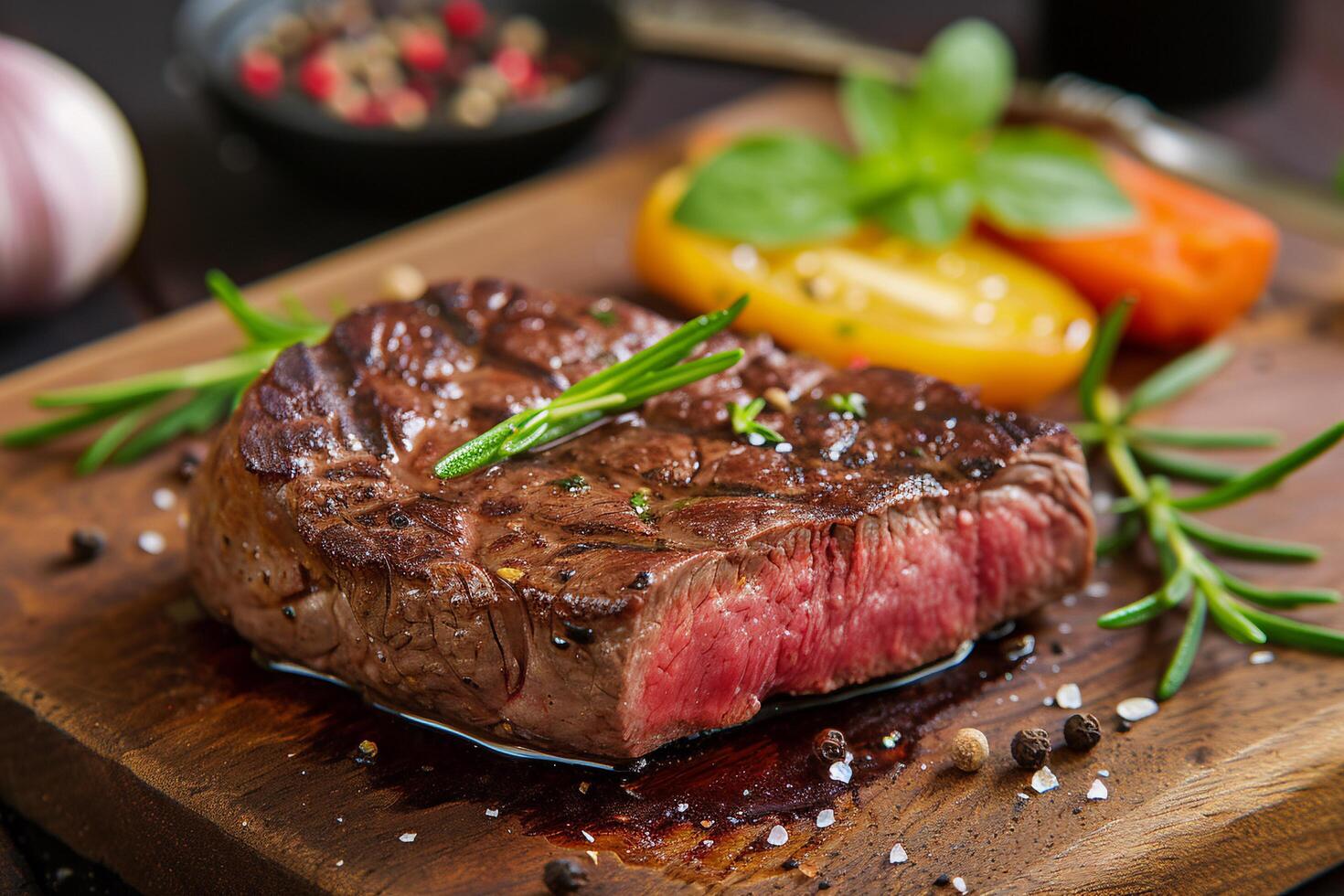 AI generated Grilled Steak Medium Rare with Fresh Herbs. photo