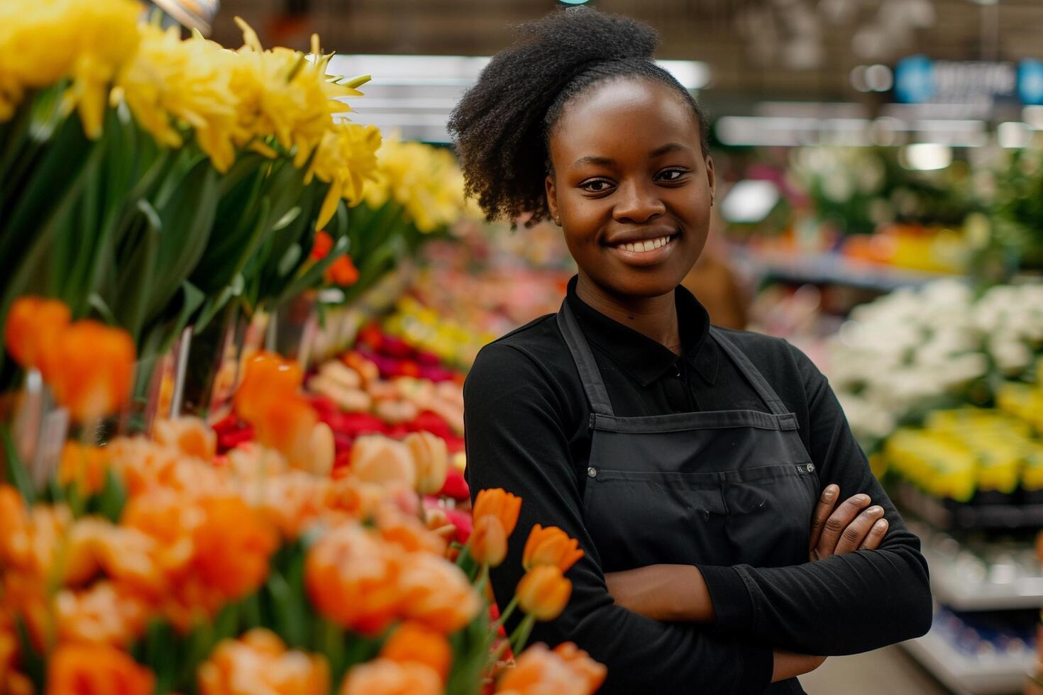 ai generado sonriente florista en flor tienda con ramos de flores foto