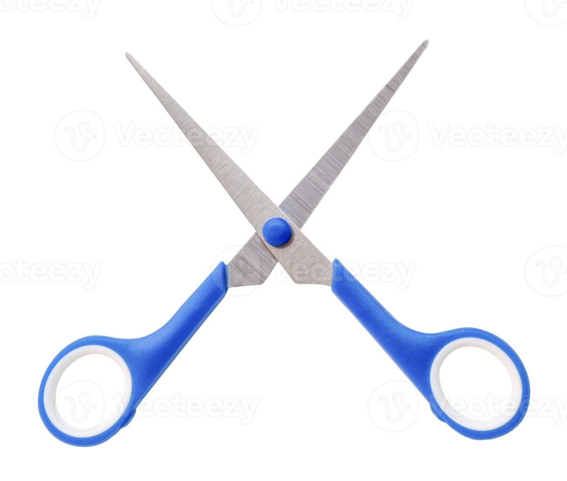 Top view of small multipurpose scissors with blue handle in cross shape isolated with clipping path in png file format.  A pair of scissors