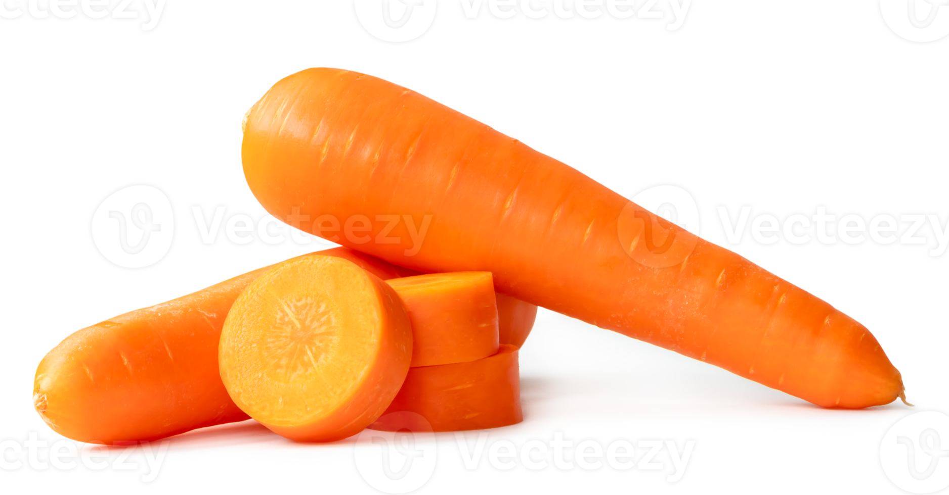 Front view of beautiful orange carrots with slices in stack isolated with clipping path and shadow in png file format