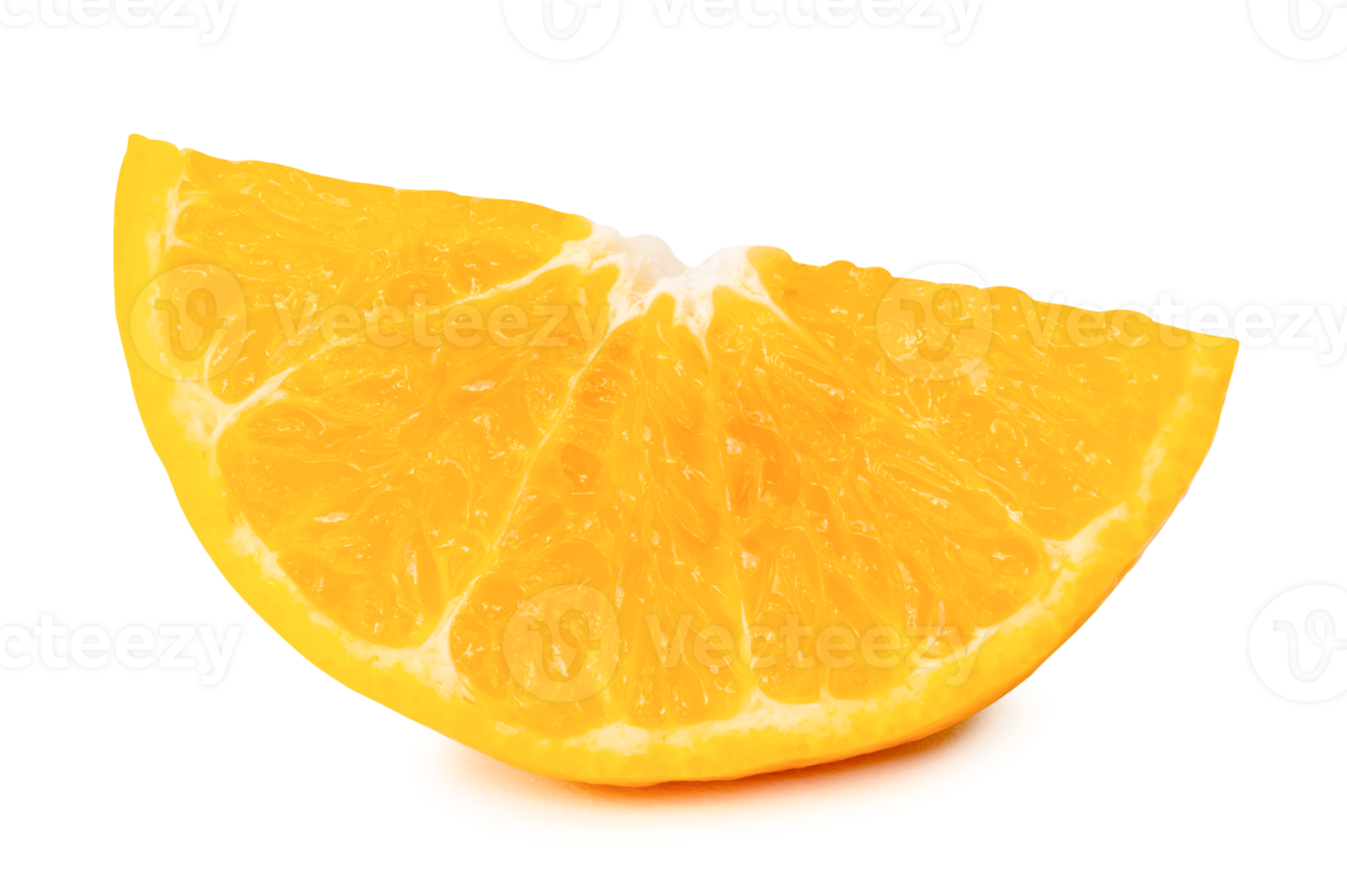 Front view of fresh shogun or tangerine mandarin orange slice or quarter isolated with clipping path and shadow in png file format