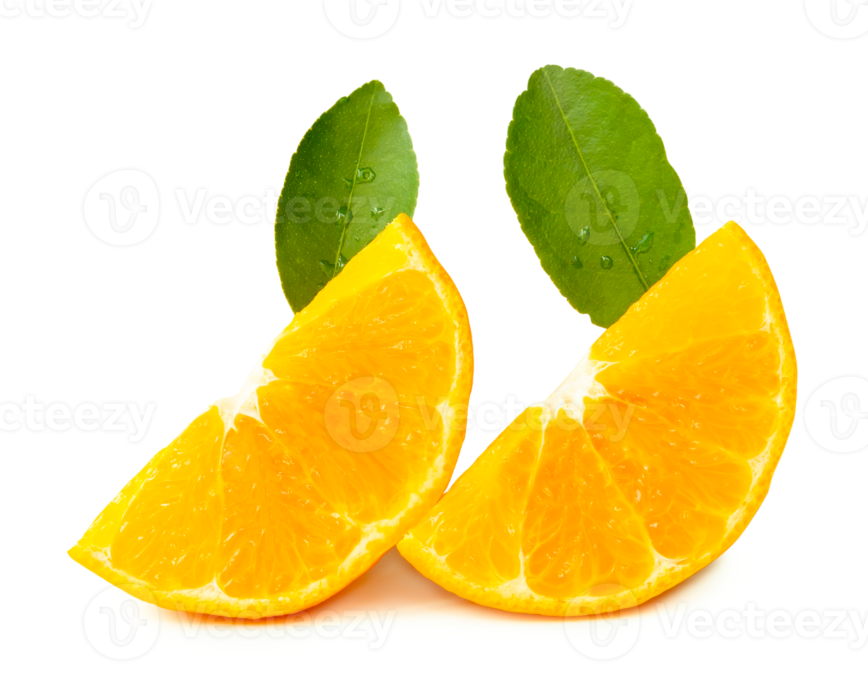 Front view of fresh shogun or tangerine mandarin orange slices or quarters and green leaves isolated with clipping path and shadow in png file format