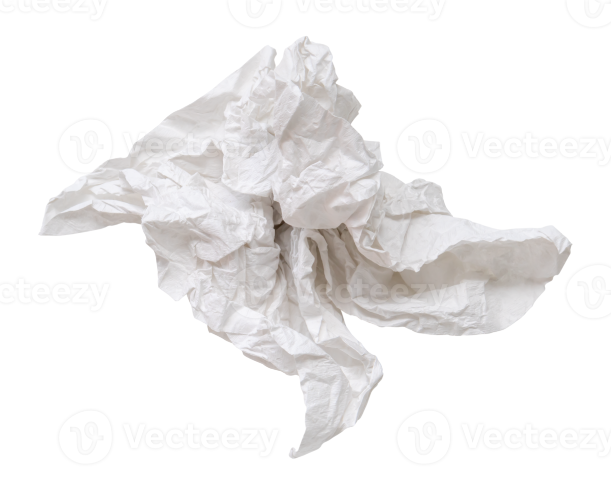 Top view of single screwed or crumpled tissue paper or napkin in strange shape after use in toilet or restroom isolated with clipping path in png file format