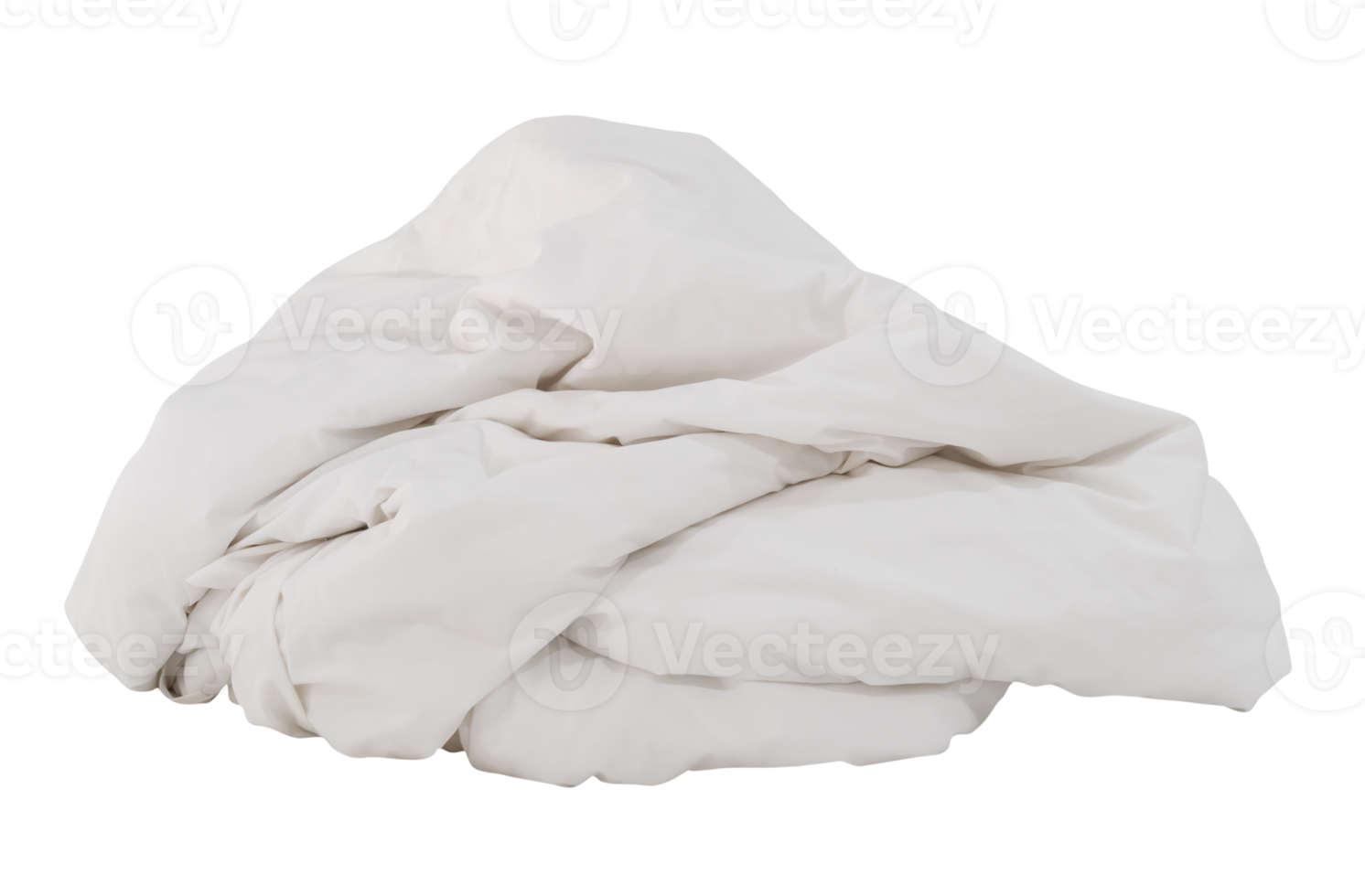 White crumpled blanket or bedclothes in hotel room leaved untidy and dirty after guest's use over night isolated with clipping path in png file format