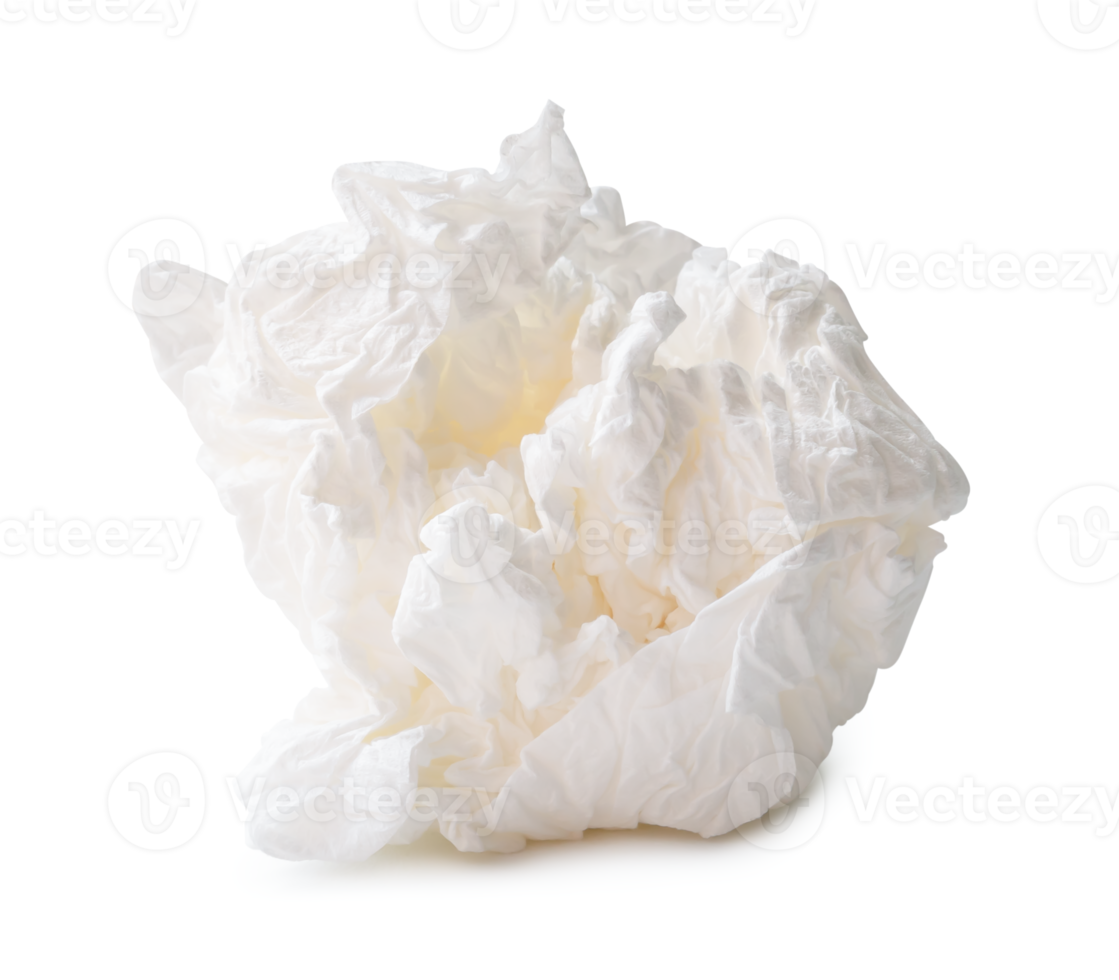 Front view of single screwed or crumpled tissue paper or napkin in strange shape after use in toilet or restroom isolated with clipping path and shadow in png file format
