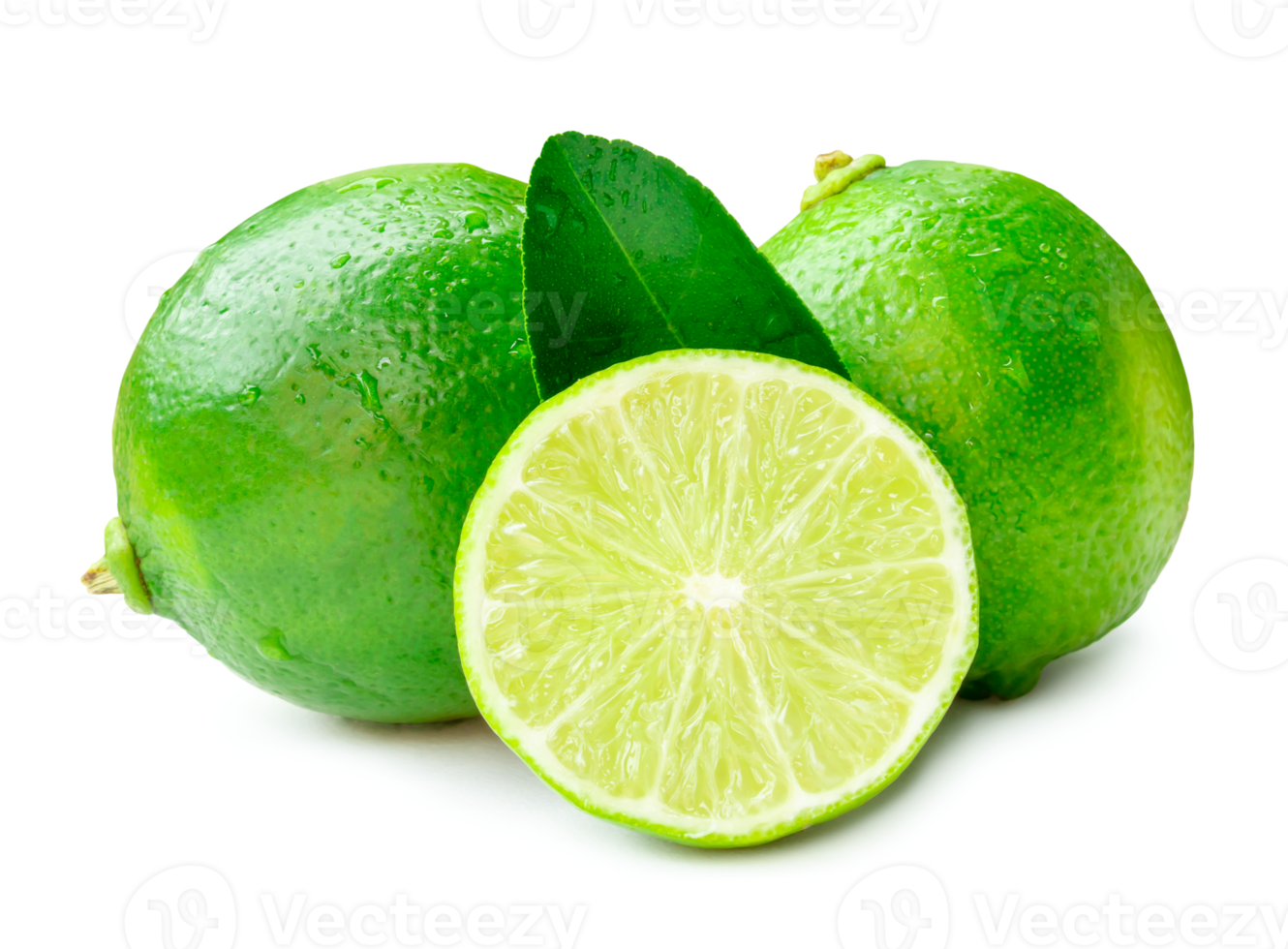 Front view of green lemon fruits with half and leaf isolated with clipping path and shadow in png file format