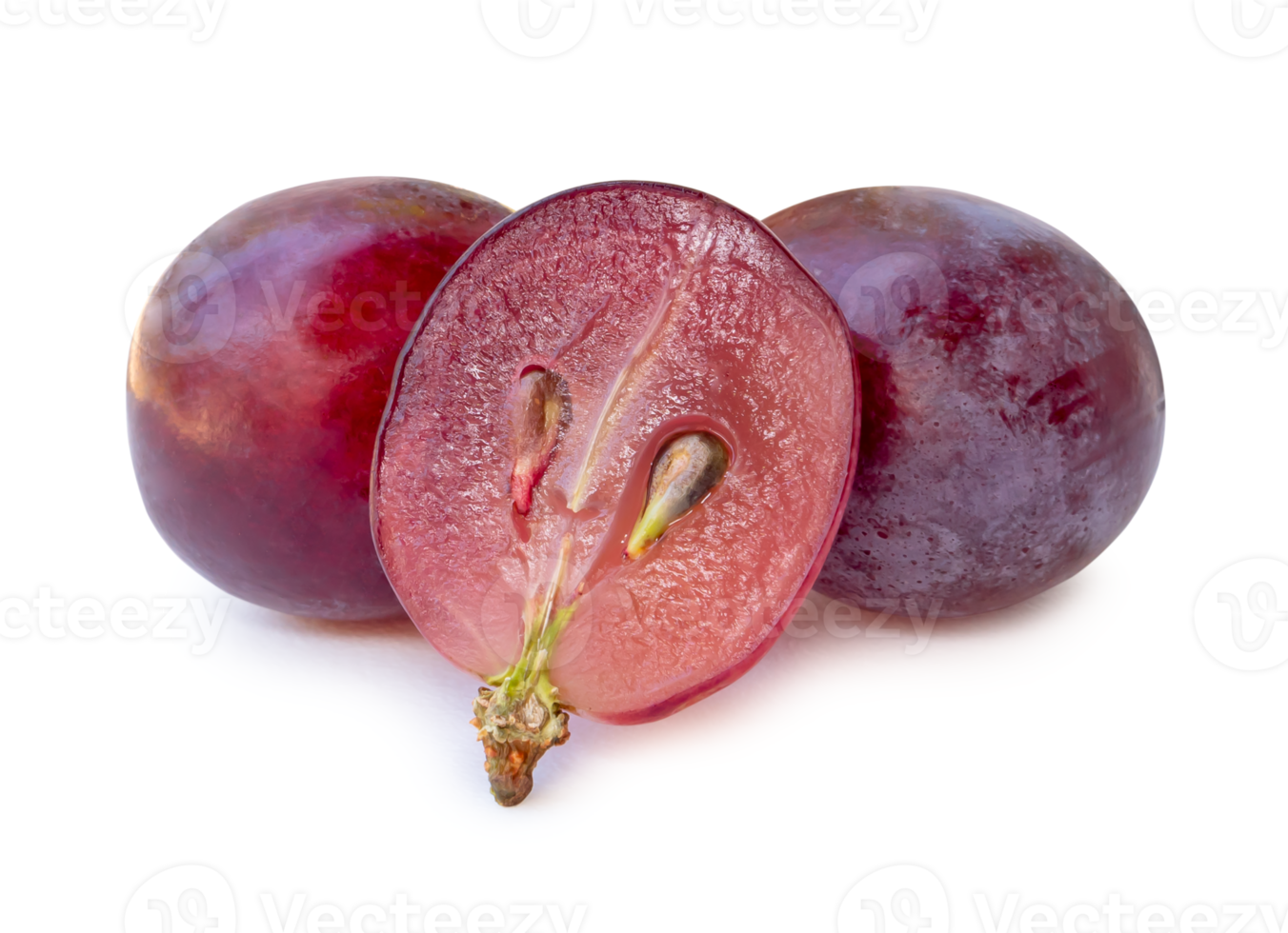 Front view of fresh red grapes with half in stack isolated with clipping path and shadow in png file format