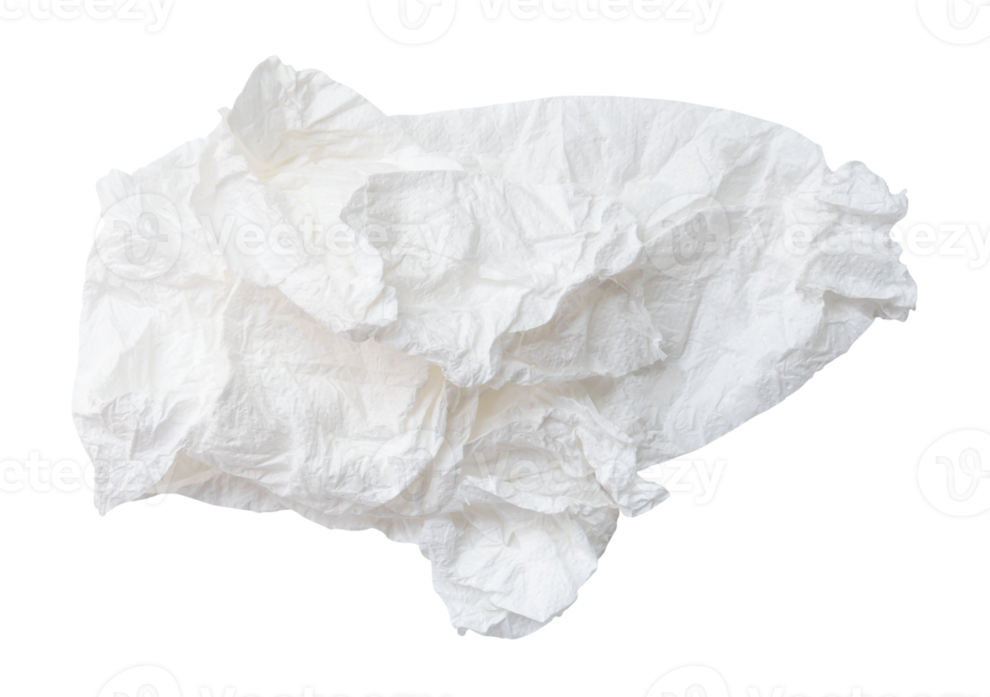 Top view of screwed or crumpled tissue paper or napkin in strange shape after use in toilet or restroom isolated with clipping path in png file format