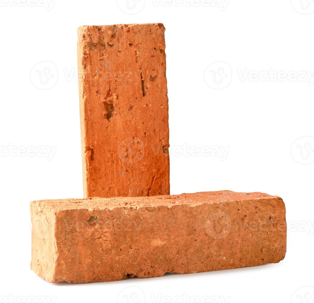 Front view of old cracked red or orange bricks in stack isolated with clipping path and shadow in png file format