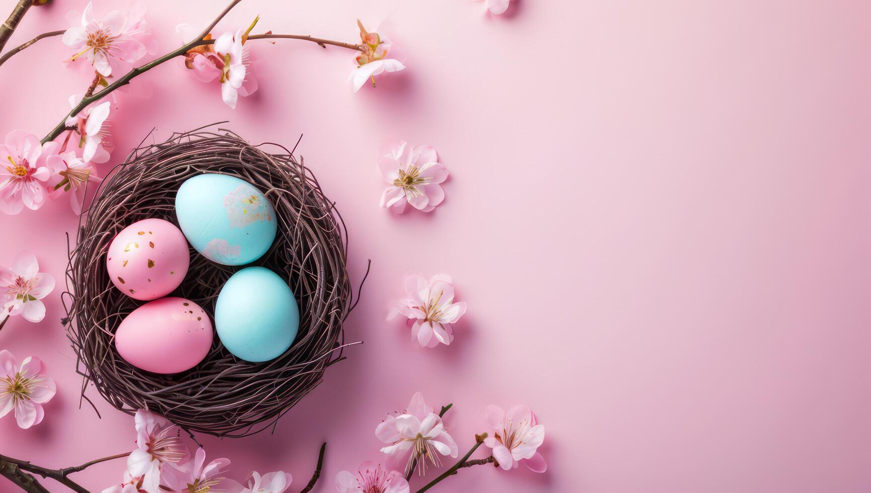 AI generated Easter Basket Filled with Colorful Eggs and Spring Decorations photo