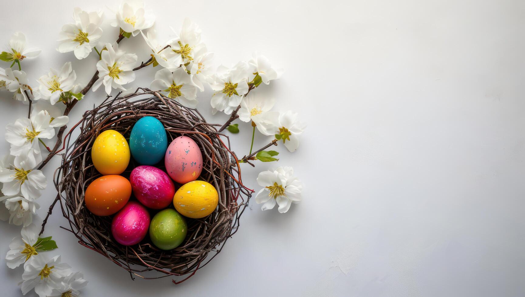 AI generated Easter Basket Filled with Colorful Eggs and Spring Decorations photo