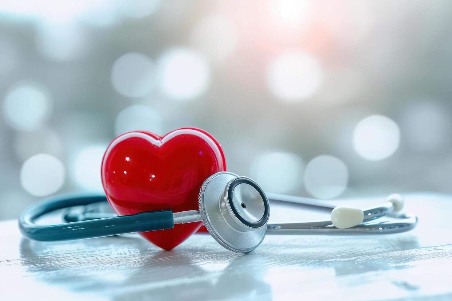 ai generado estetoscopio y corazón en un cardiograma fondo, exhibiendo médico herramientas para cardiología, salud, y latido del corazón examen en un blanco y rojo ajuste foto