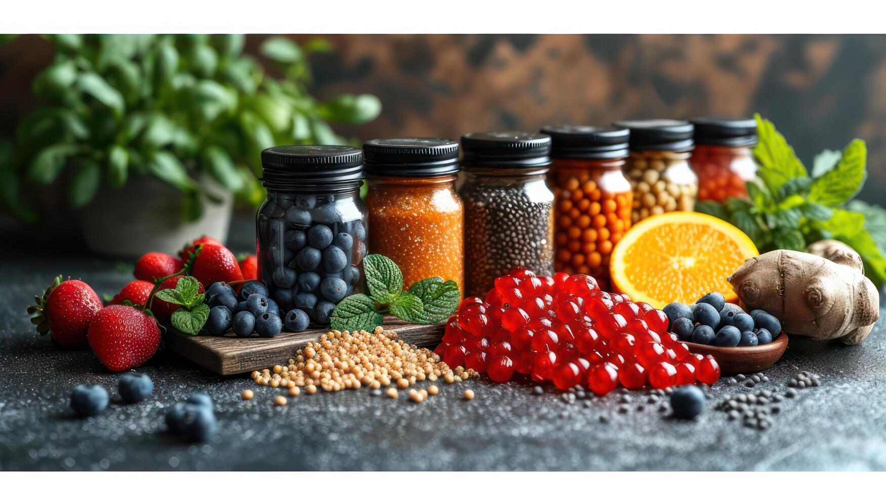 AI generated Colorful fresh and healthy fruits and berries, featuring strawberries, blueberries, apples, grapes, and raspberries on table. photo