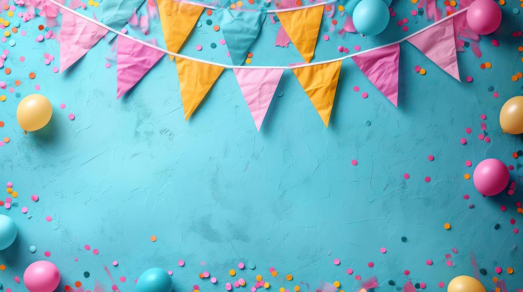 ai generado cumpleaños fest guirnaldas desde vistoso triangular banderas en azul antecedentes foto