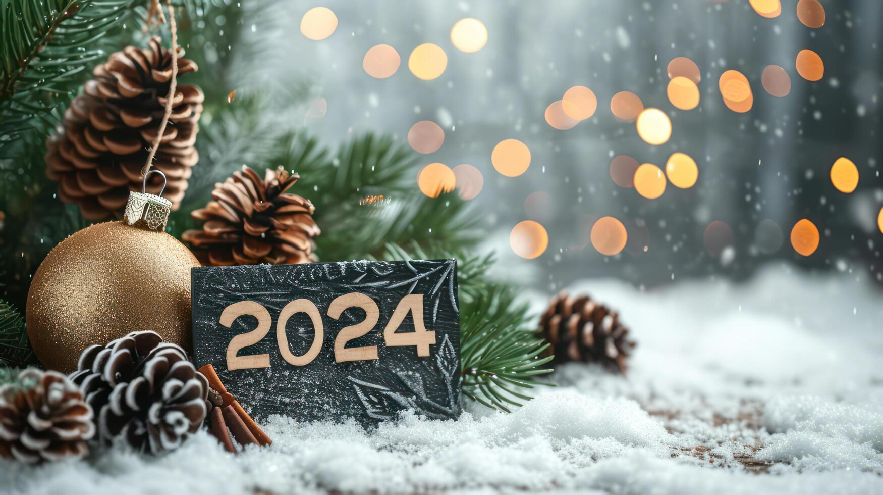 AI generated Winter Holiday Celebration with Snowflakes, Happy New Year Greeting Card Design 2024. photo