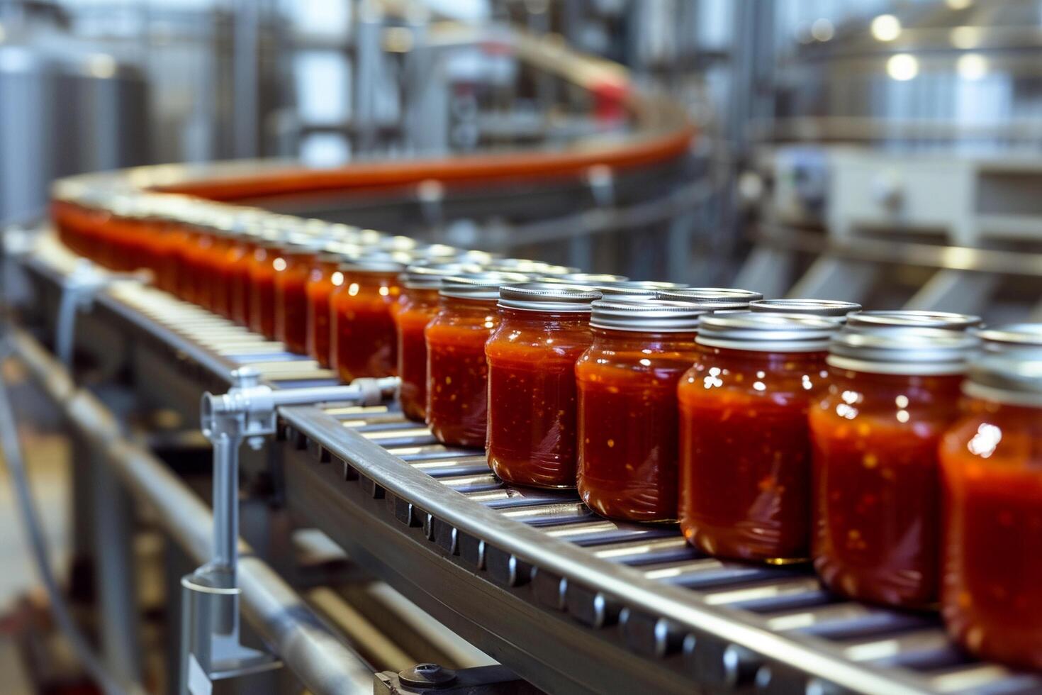 AI generated Tomato juice in bottles on the conveyor belt in the factory. photo
