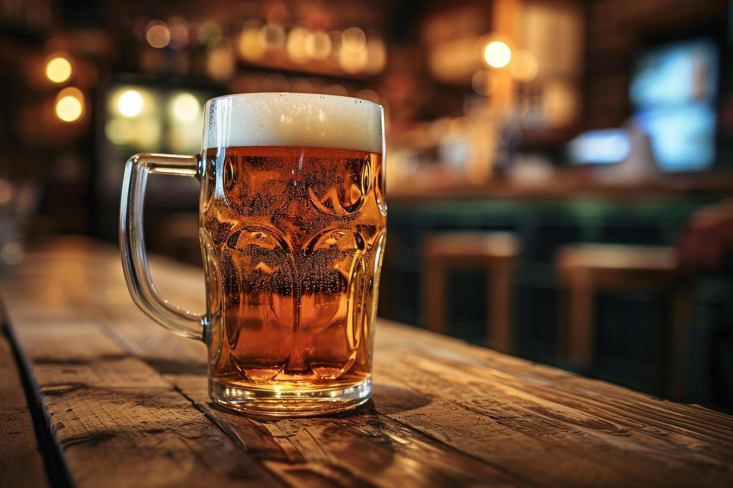 AI generated Glass of beer on a wooden table in a pub. photo