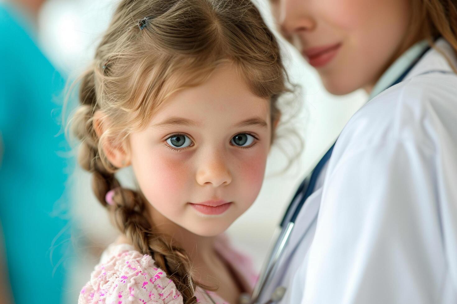 AI generated Little girl with a stethoscope at the doctor's office. photo