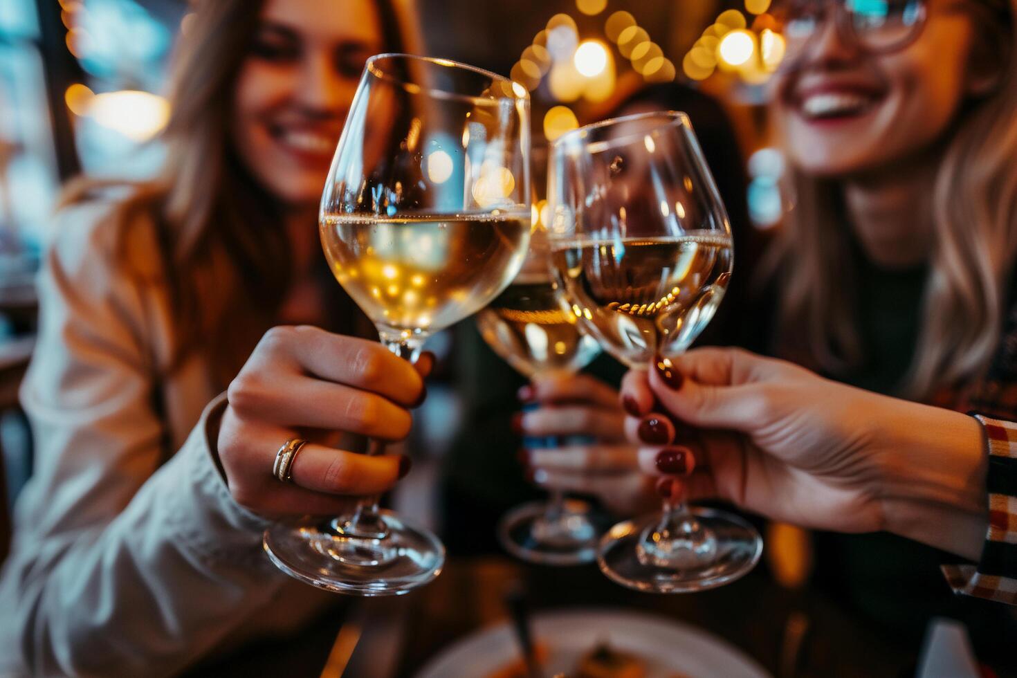 AI generated Friends Toasting With White Wine in Restaurant with AI generated. photo