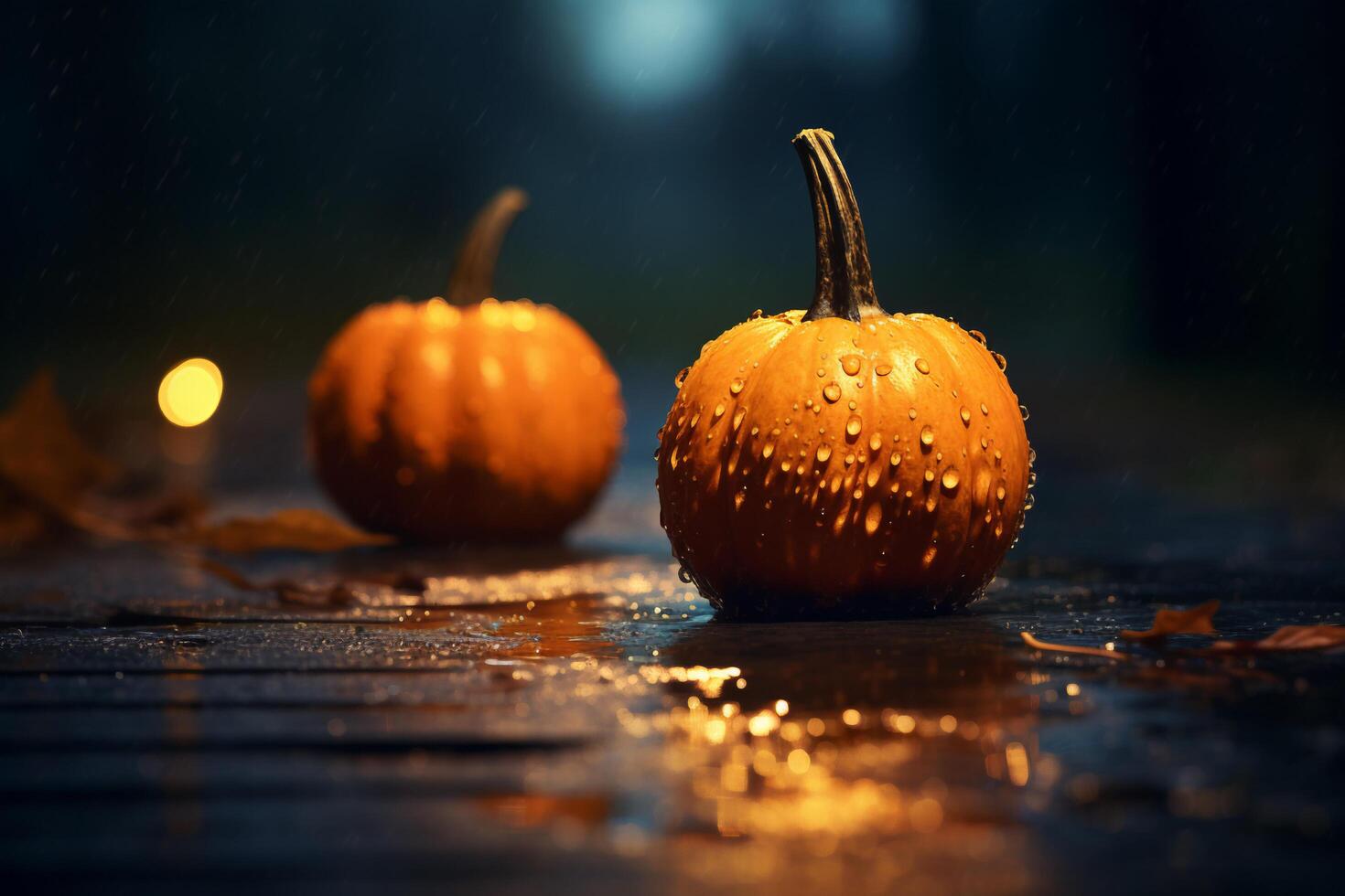 AI generated Halloween pumpkins in the forest at night. photo