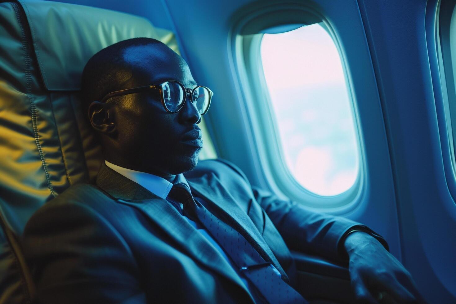 AI generated Elegant Businessman in Private Jet Cabin. photo