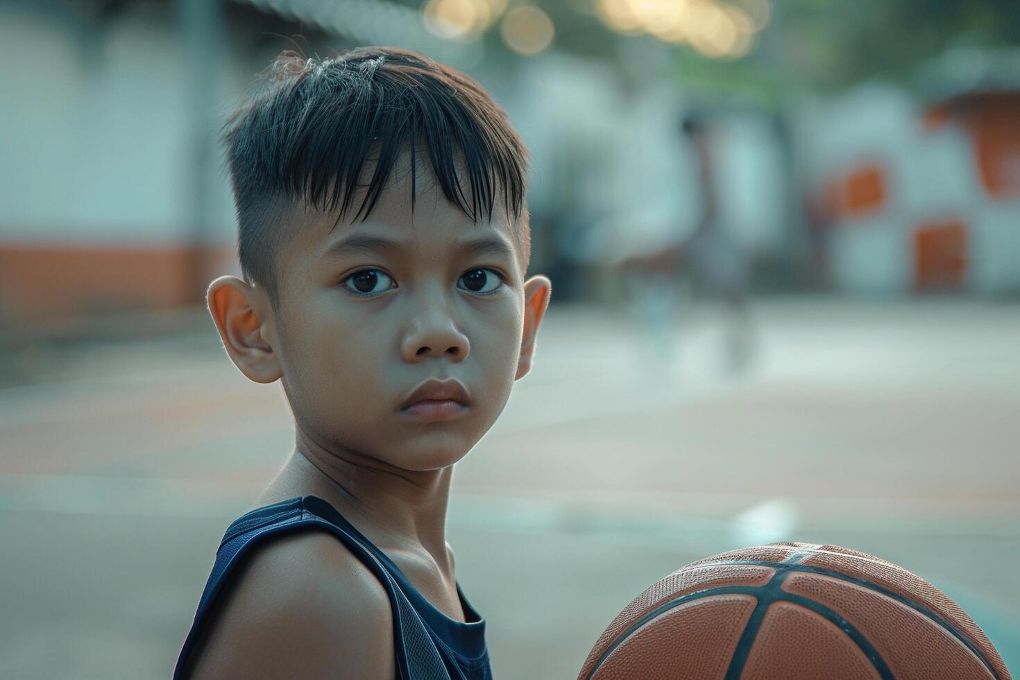 AI generated Young Boy with Basketball Smiling Outdoors. photo