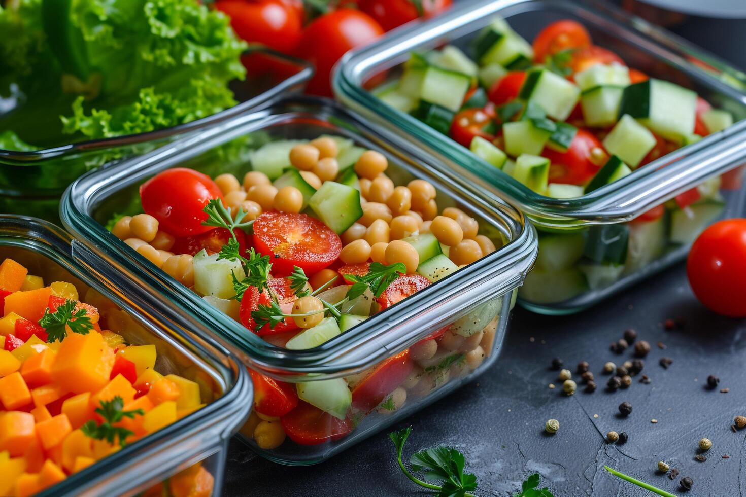 AI generated Healthy food delivery concept. Vegetable salads in plastic containers. photo
