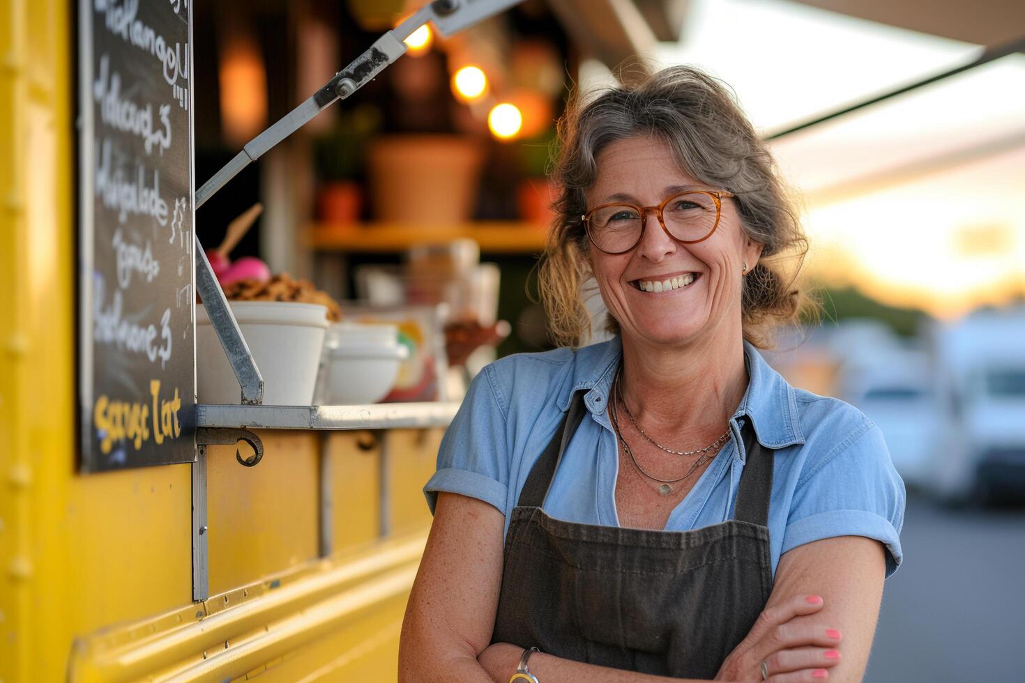 AI generated Portrait of smiling middle aged woman standing in front of food truck. photo