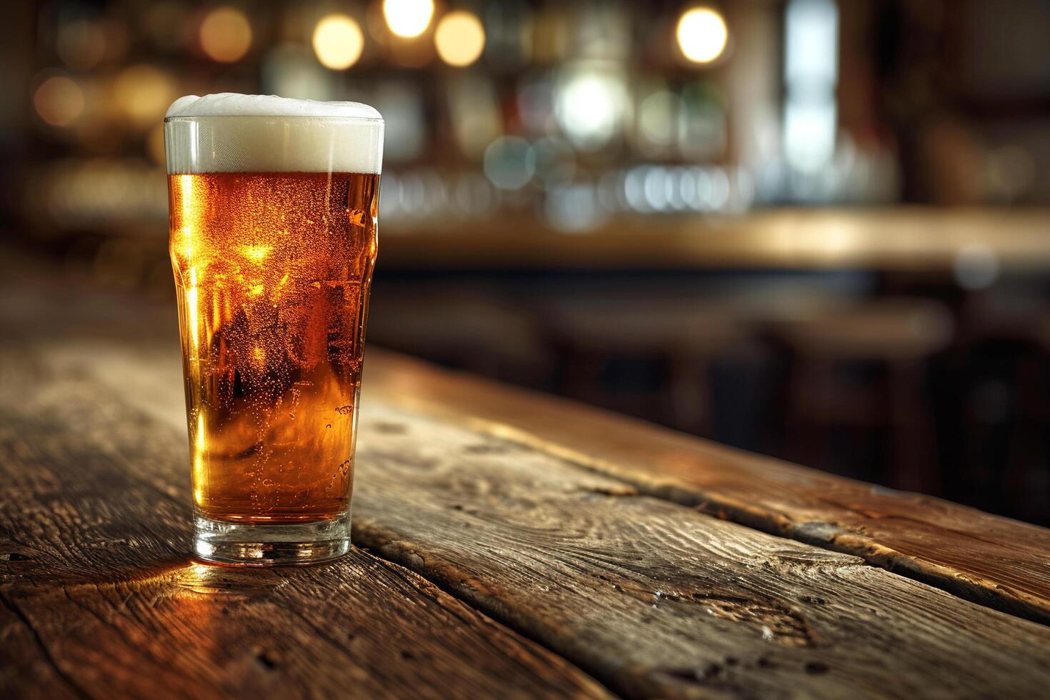 AI generated Glass of beer on a wooden table in a pub. photo