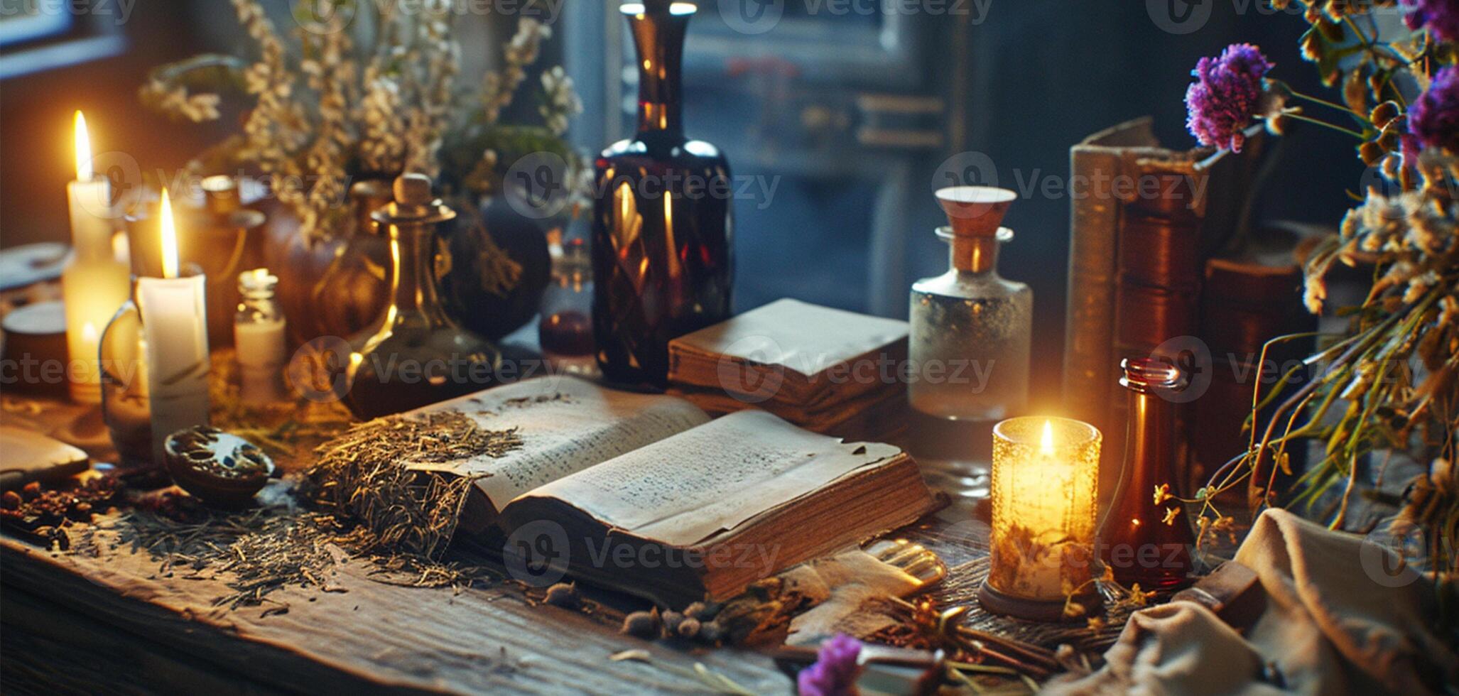 AI generated A magical setting with an open old book, lit candles, and antique bottles. photo