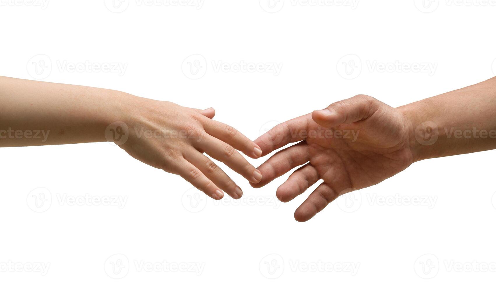 hands of a man and a woman hands reaching towards each other on a white background. Friendship and respect concept photo