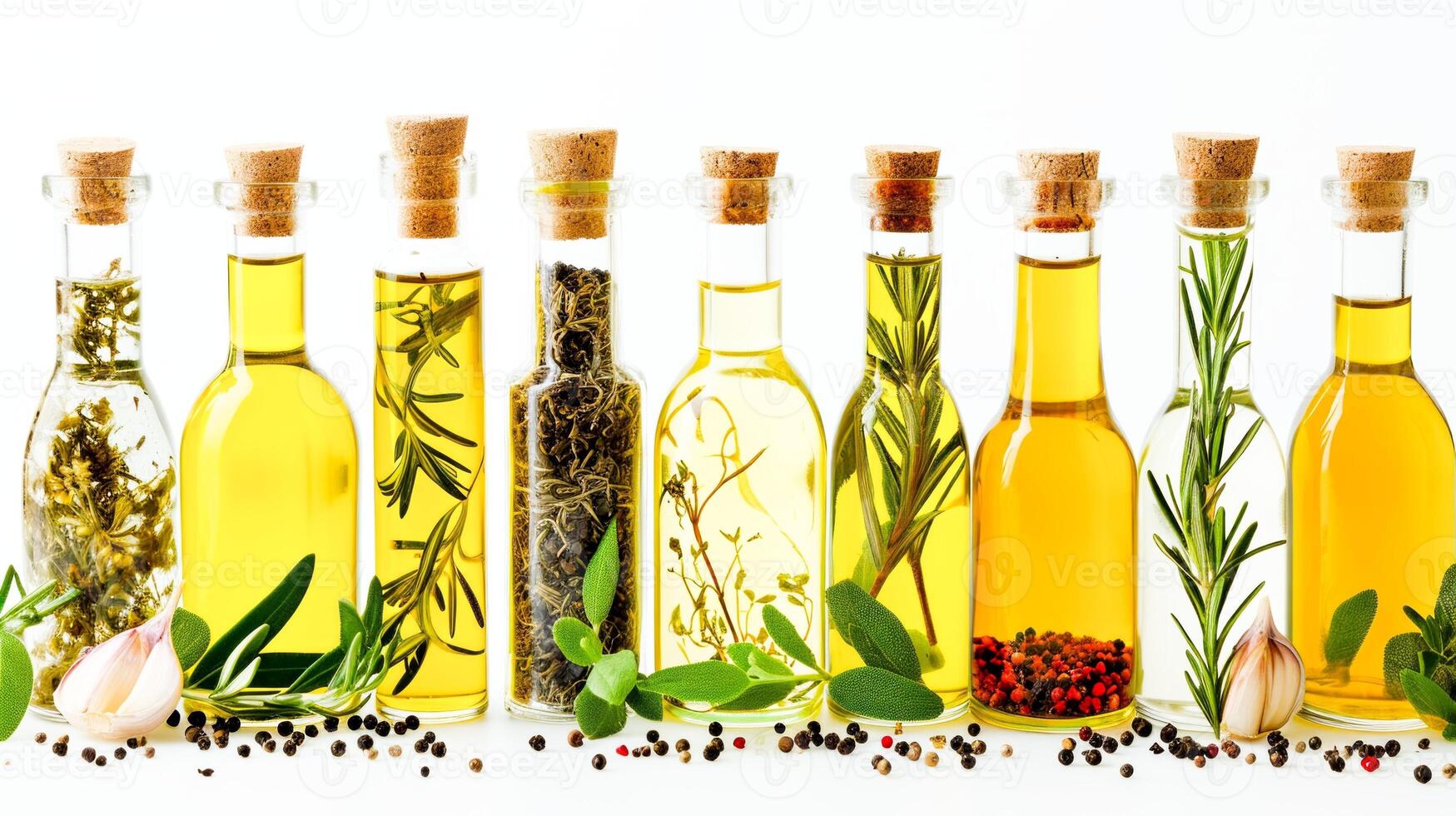 AI Generated A lineup of olive oil bottles infused with various herbs and spices, isolated on white background photo