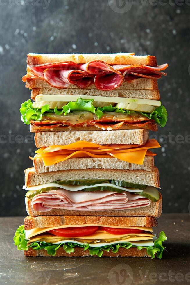 AI generated A tall sandwich with layers of meats, cheese, and vegetables. photo
