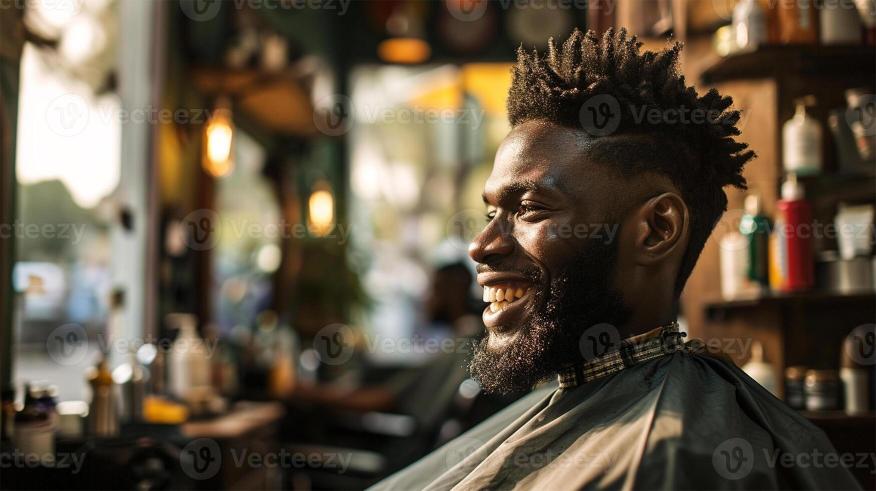 AI Generated Cheerful African man enjoying grooming session at a barber shop. photo