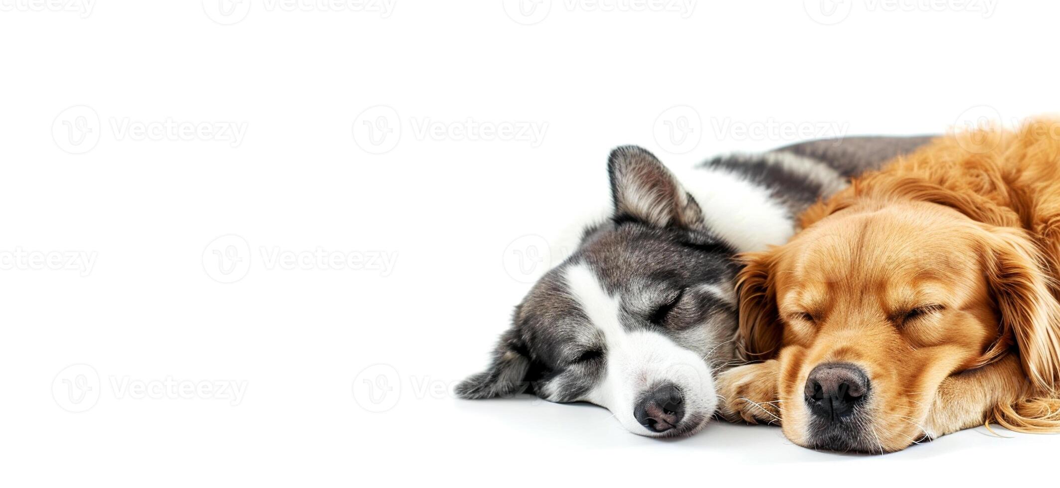 AI generated banner.Two peaceful dogs sleeping nose to nose. isolated on white .copy space photo