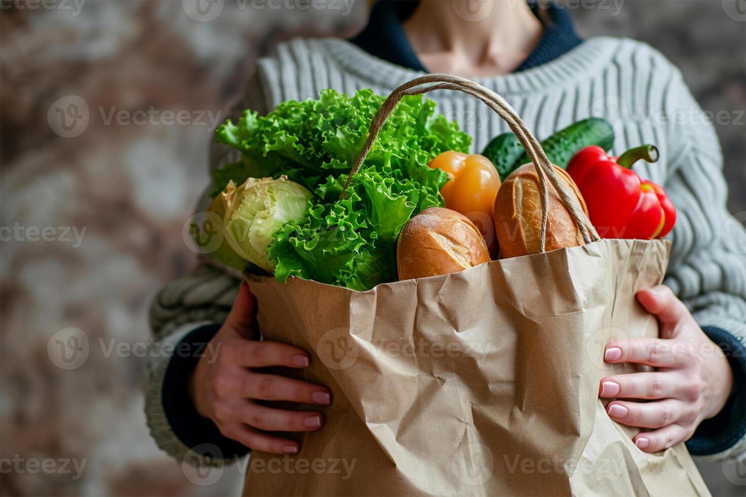 AI generated Young woman holds paper bag from supermarket with food . photo