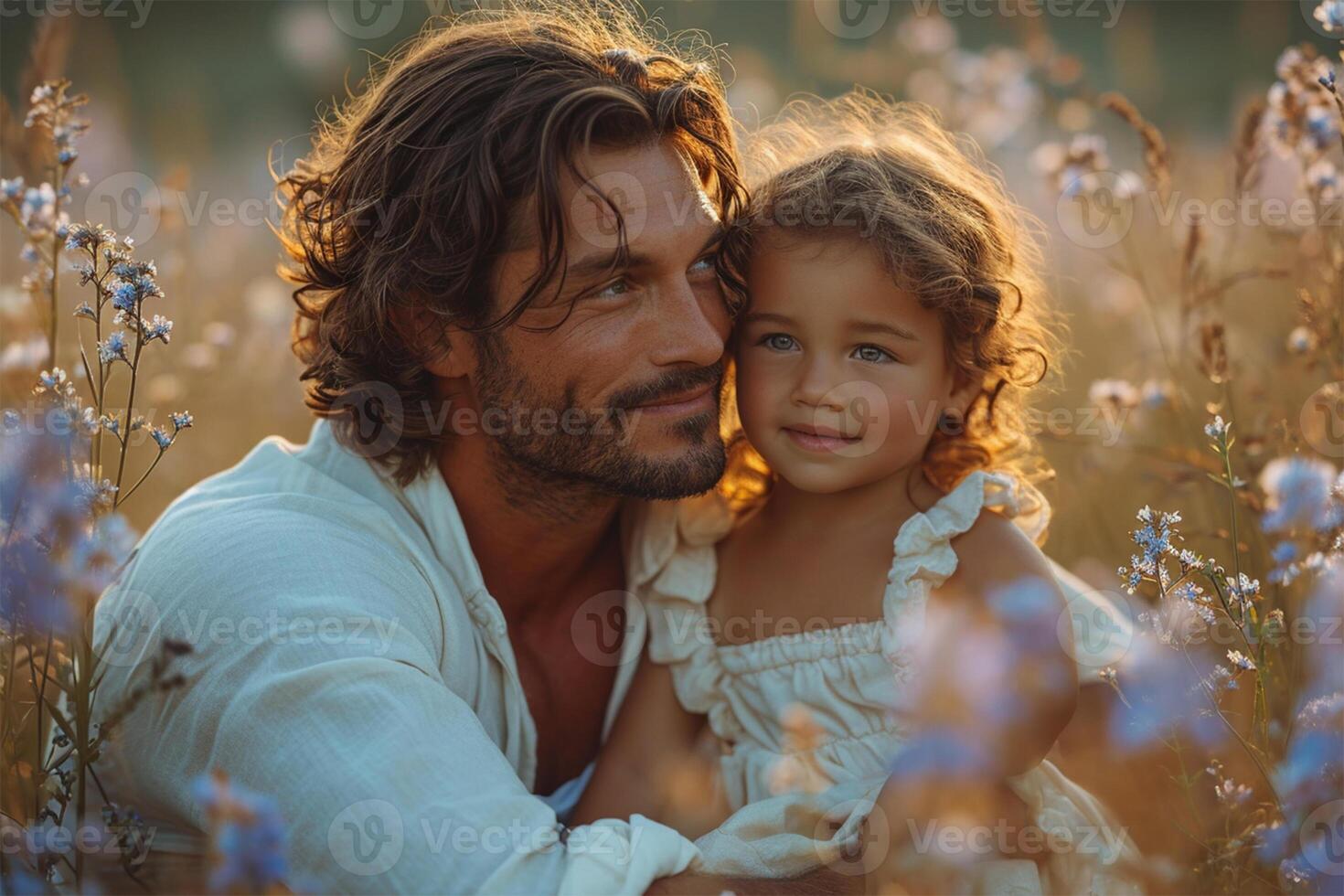 AI generated Father's Day.Affectionate father and daughter share a serene moment outdoors. photo