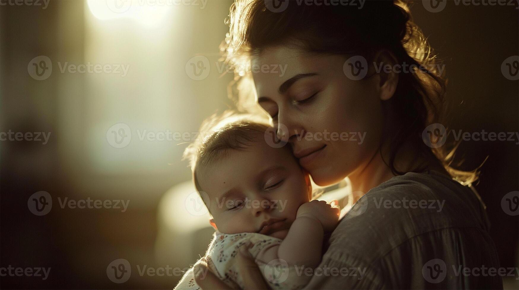 ai generado materno abrazo a amanecer. un oferta momento como un madre cunas su dormido bebé en el suave Mañana ligero. foto