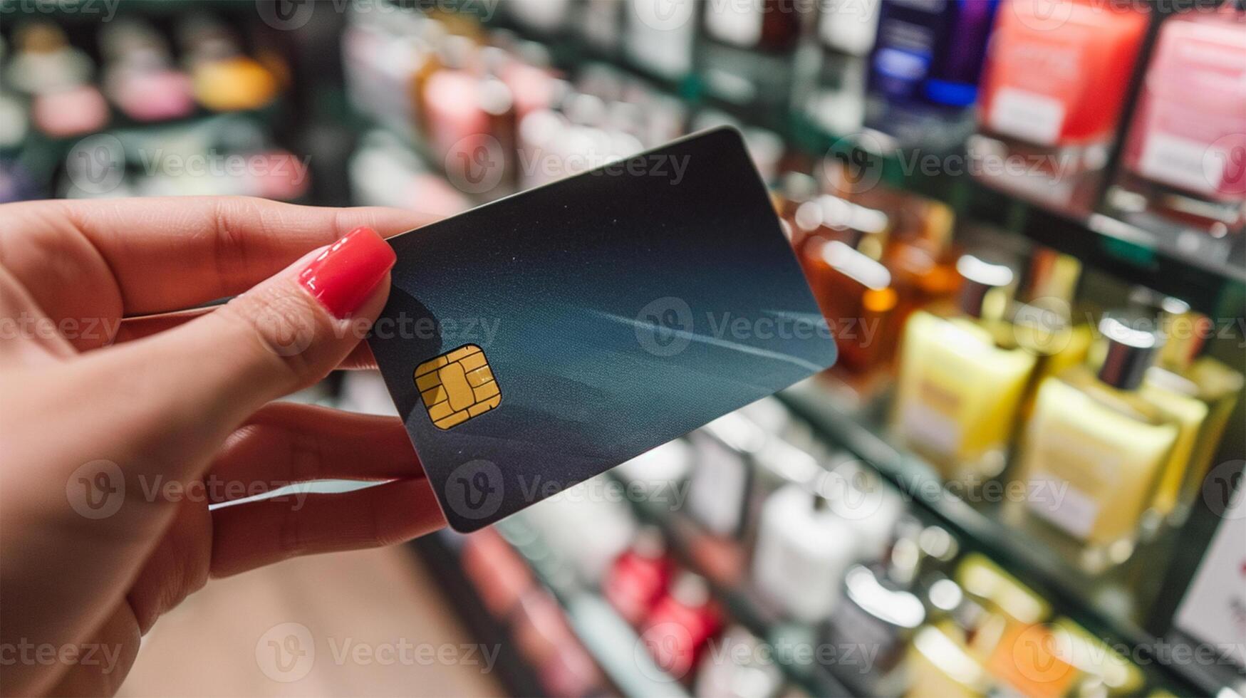 AI generated Close-up of a hand holding a credit card in a cosmetics shop. photo