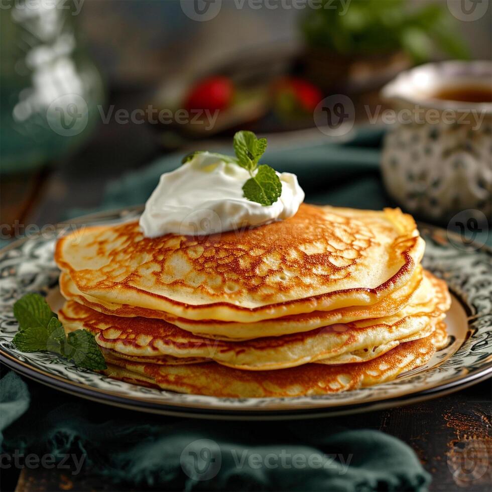 AI generated Pancake Stack with Sour Cream photo