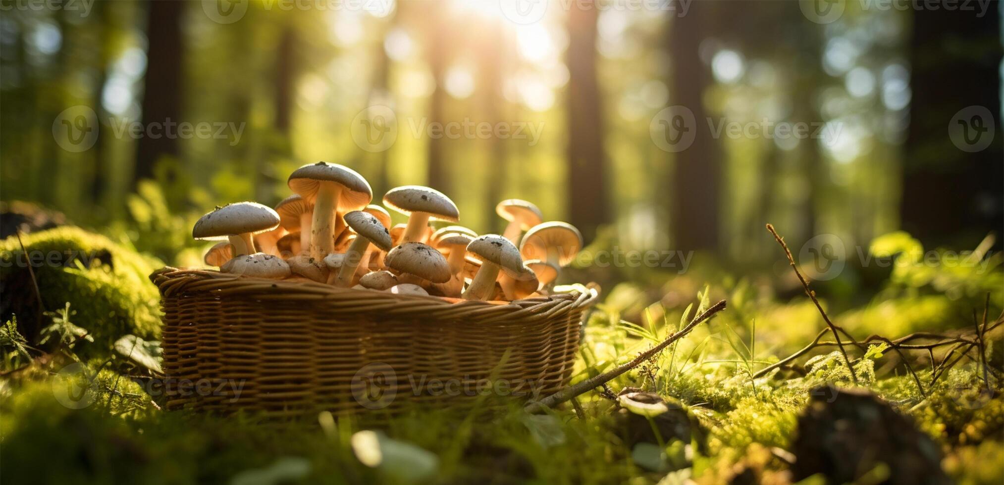 ai generado cesta lleno de hongos en naturaleza. comestible bosque seta creciente en musgo en el bosque en luz de sol de cerca. foto