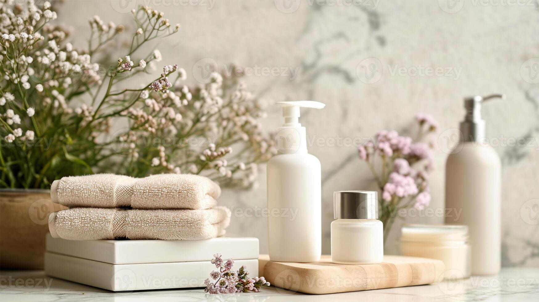 AI Generated  Spa essentials with flowers on neutral backdrop.Body Care and Toiletries photo