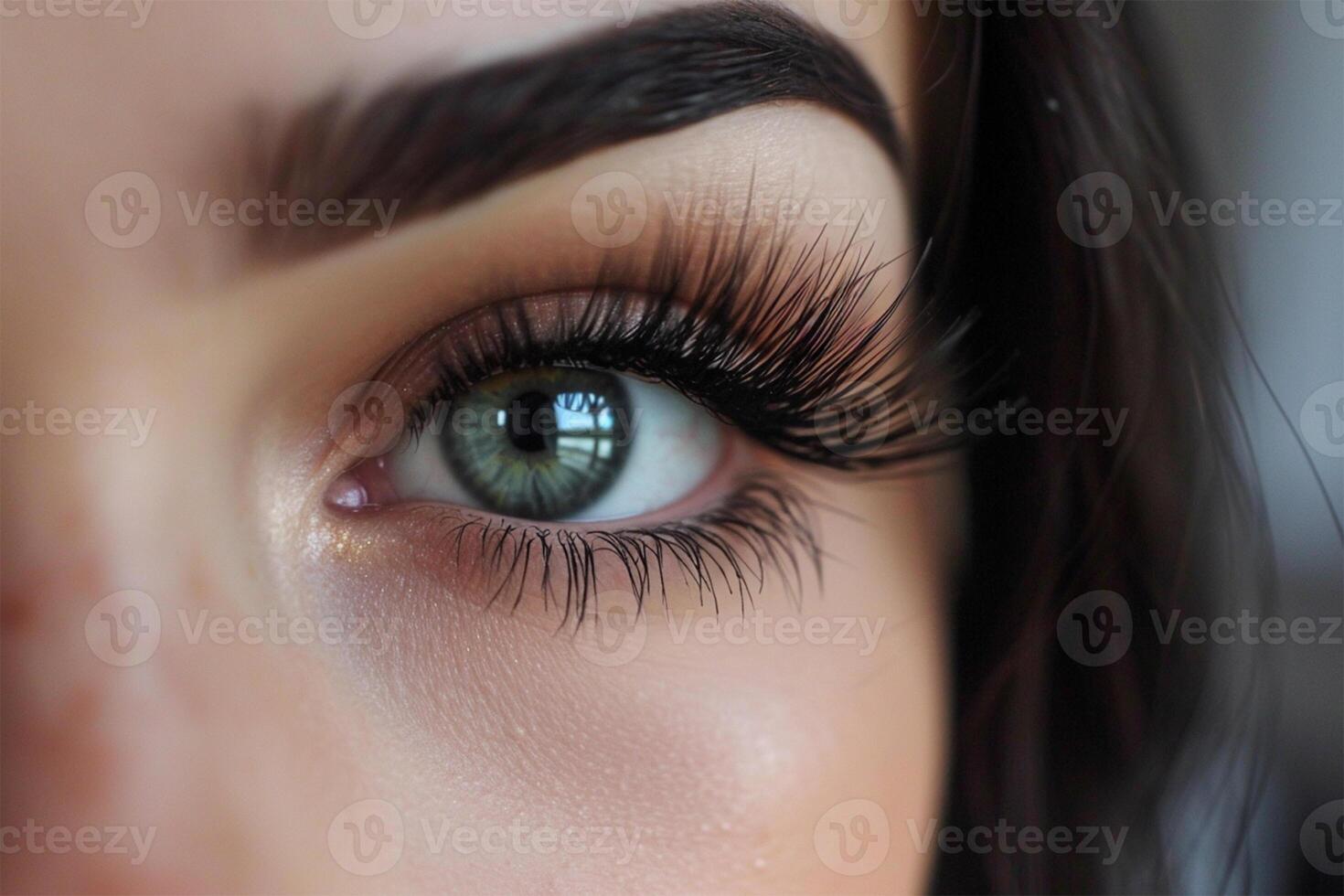 AI Generated Long and beautiful eyelashes on a woman's eye on a soft background. Female beauty concept. care with eyelash extensions or mascara photo