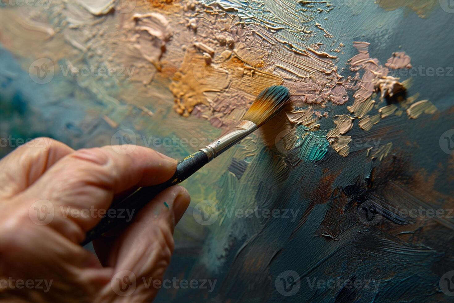 AI generated Close-up of the hand of a restoration artist with a brush, smearing dust from the canvas. photo