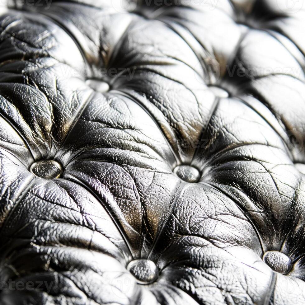 AI Generated Close-up of silver leather upholstery with intricate buttons.Luxurious Leather Tufting. Ideal for interior design elements, luxury goods marketing or fashion design materials. photo