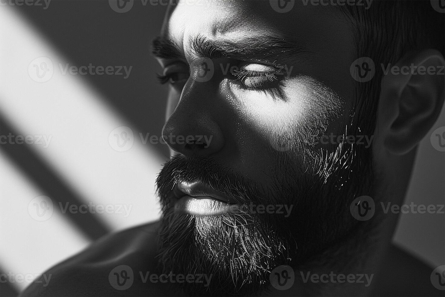 AI generated Dramatic monochrome close-up of a bearded man with shadow play. photo