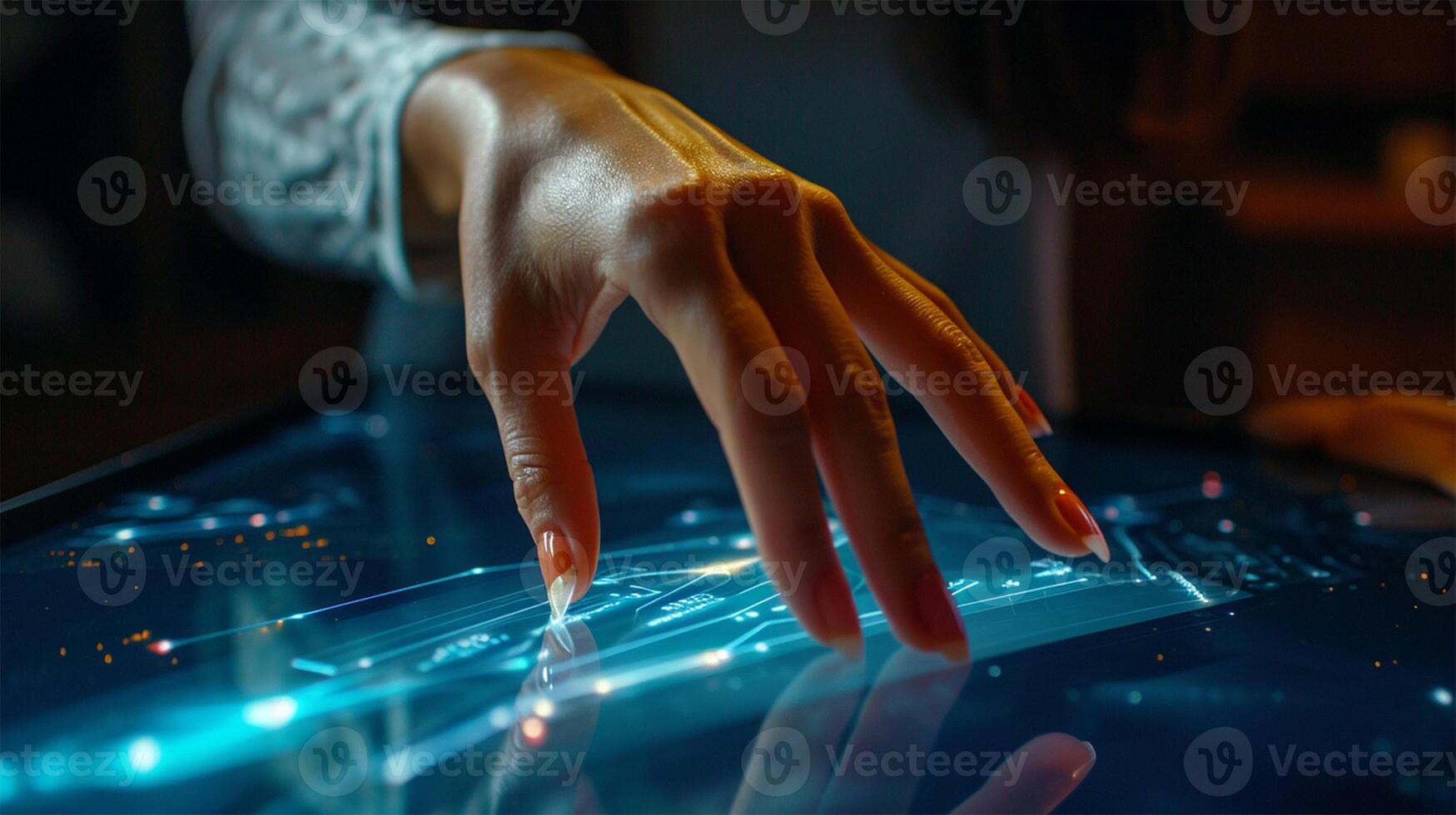 AI generated Close-up of a hand interacting with a futuristic holographic touch screen interface. photo